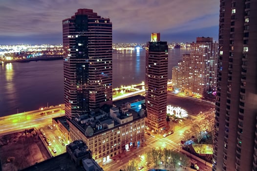 Aerial view along Midtown East in New York City at night. photo