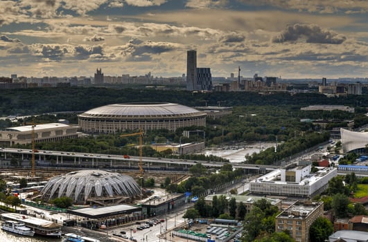 Aerial view of the city skyline in Moscow, Russia during the day. photo