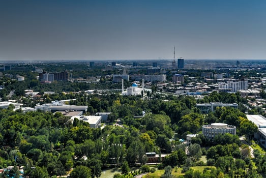 Aerial view of the skyline of Tashkent, Uzbekistan during the day. photo