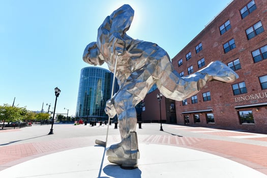 Newark, New Jersey - Sept 21, 2019 -  Giant steel hockey player sculpture Man of Steel at the New Jersey Devils Championship Plaza outside the Prudential Center in Newark, New Jersey. photo