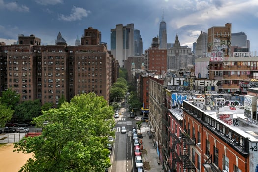 New York City - Jun 28, 2020 -  Aerial view of downtown New York City and the Chinatown neighborhood. photo