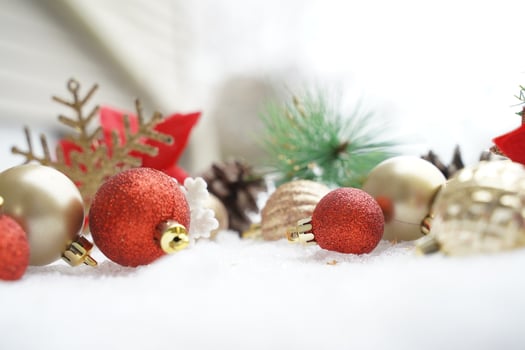 Christmas decoration. Christmas spruce with ball and blurred shiny lights. Christmas composition is with colorful balls on snow. Christmas decoration on snow with blur abstract background photo