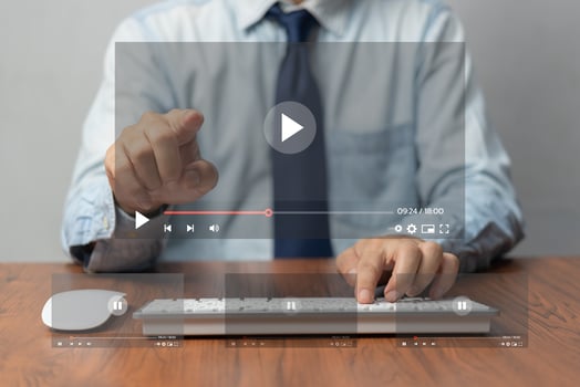 Businessman hands using mouse and keyboard computer for streaming online on virtual screen, watching video on internet. photo