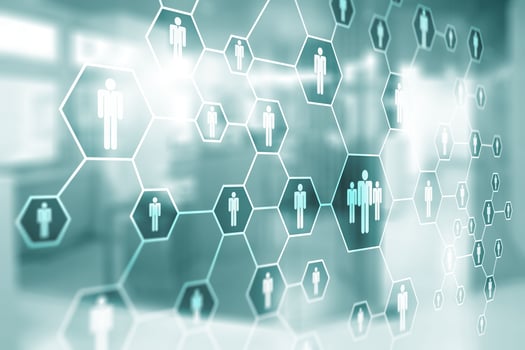 Social network people icons. HR Human Resources on blurred office background. Universal Wallpaper photo