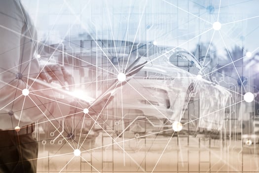 Blockchain network on blurred skyscrapers background. Financial technology and communication concept photo