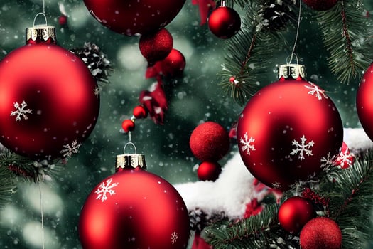 Seamless pattern of shiny red Christmas ornaments, globes, bulbs. Winter snow, Christmas mood. Background, backdrop, wallpaper. 3d illustration. photo