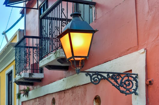 Colonial style lamp along the Nuns Stairway in Old San Juan, Puerto Rico. photo
