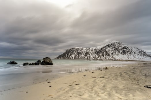 Skagsanden Beach in the Lofoten Islands, Norway in the winter on a cloudy day. photo