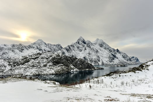 Mountains and coast of Maervoll, Lofoten Islands, Norway photo