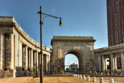 Manhattan Bridge Arch and Colonnade Entrance in New York, USA photo