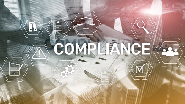 Compliance diagram with icons. Colleagues discuss business plan photo