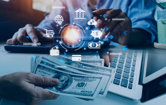 futuristic digital processing of biometric identification fingerprint scanner for access personal financial data. surveillance and security scanning of digital programs cyber futuristic applications photo