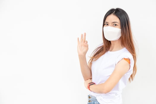 Asian Women Show Bandage On Arm. Happy Asian Woman Feels Good After Received Vaccine On White Background. photo