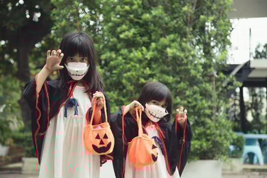 Children in costumes going to trick or treat photo