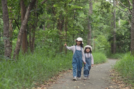 Children are heading to the family campsite in the forest Walk along the tourist route. Camping road. Family travel vacation concept. photo