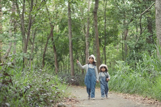 Children are heading to the family campsite in the forest Walk along the tourist route. Camping road. Family travel vacation concept. photo