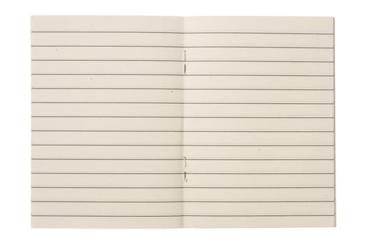 Open blank lined notebook paper texture isolated on white background photo