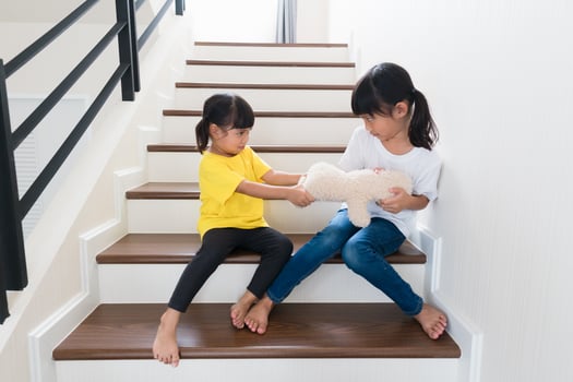 two little girl fighting over bear photo