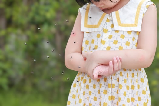 Little girl has skin rash allergy itching and scratching on her arm with mosquitoes bite photo
