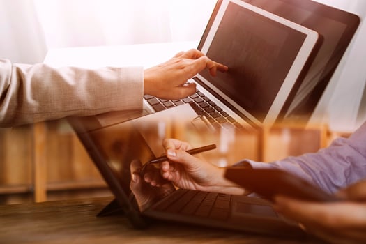 businesswoman hand working with laptop computer, tablet and smart phone in modern office with virtual icon diagram at modernoffice in morning light photo