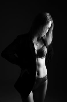 Female silhouette in lingerie black and white photo