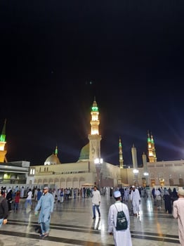 Medina, Saudi Arabia, Oct 2022 - Beautiful view of Masjid Al Nabawi Madinah in night lights. Masjid Al Nabawi Medina presents a very beautiful scene in the night lights. photo