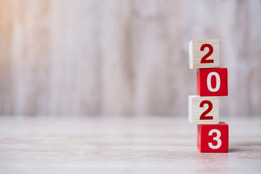 2023 wooden Blocks arrange on table background. Business, Risk Management, Resolution, strategy, goal, New Year New You and happy holiday concepts photo