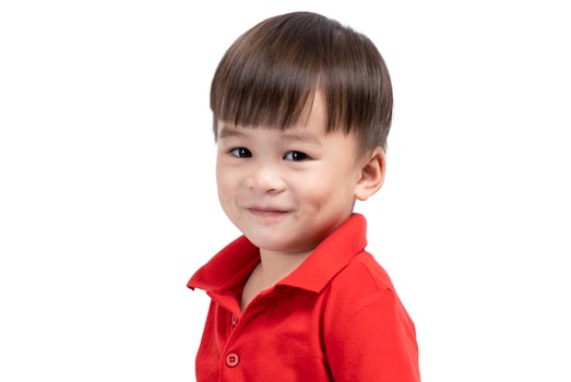 happy smiling little boy on white background, happy face, eyes photo