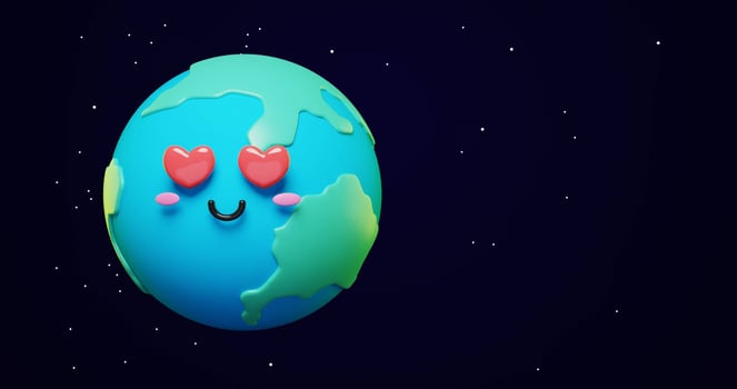 Adorable and Cute 3d Cartoon planet Earth with love eyes on space stars Copy Space background. International Mother Earth Day banner or poster. Happy Earth Day conceptual background photo