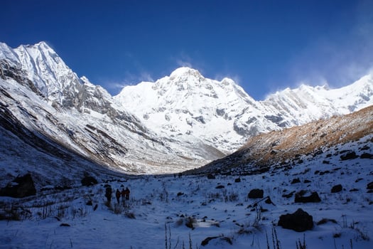 View of the Nepalese mountains at sunrise. Mountain winter landscape photo