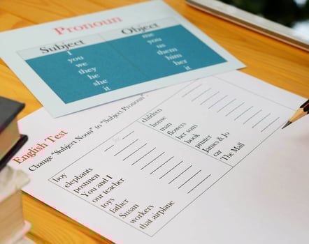 English test sheet on wooden desk photo