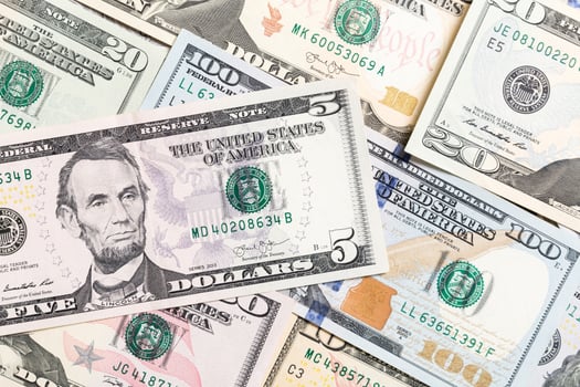 Background with money american hundred dollar bills, horizontal. Top view of business concept on background with copy space photo