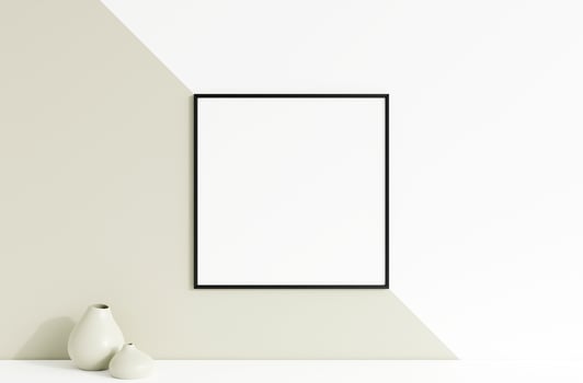 Clean and minimalist front view square black photo or poster frame mockup hanging on the wall with vase. 3d rendering.