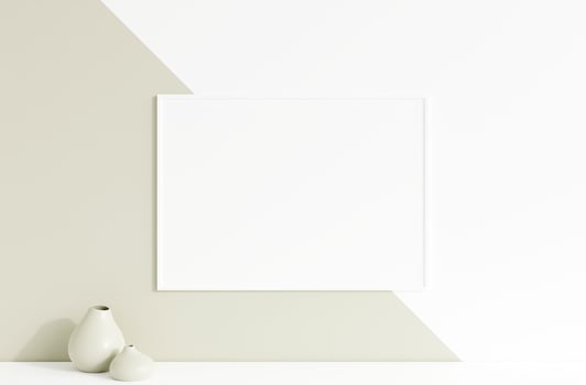 Clean and minimalist front view horizontal white photo or poster frame mockup hanging on the wall with vase. 3d rendering.