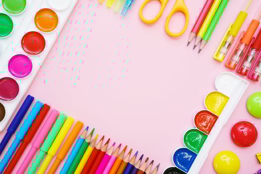 Preparation and study of elementary school children. Bright and colorful school photo