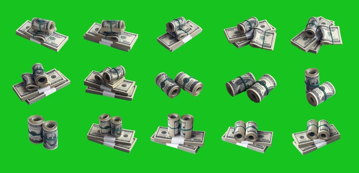 Big set of bundles of US dollar bills isolated on chroma key green. Collage with many packs of american money with high resolution on perfect green background photo