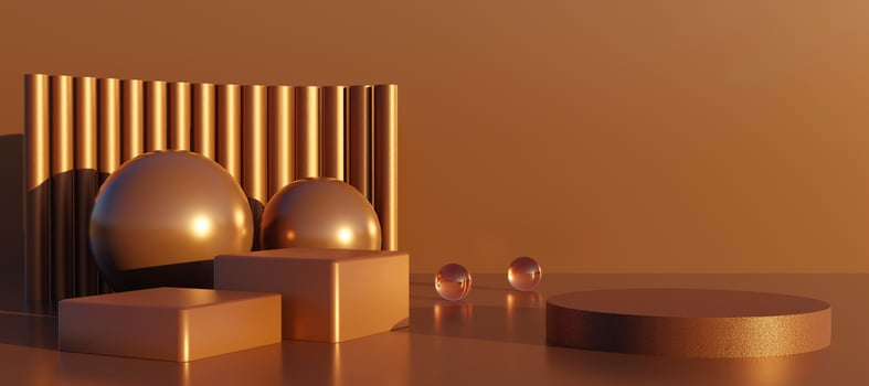 Podiums with abstract decorative objects. Stand to show products with copy space. Bronze pedestal in futuristic scene. Banner size. Website cover template. 3D rendering. photo