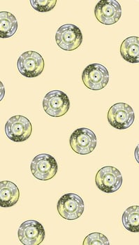 Many used spray cans for graffiti drawing lies on a pastel colored backgroung. Street art painting concept. Minimal flat lay pattern. Top view photo
