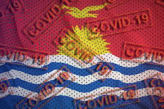 Kiribati flag and many red Covid-19 stamps. Coronavirus or 2019-nCov virus concept photo