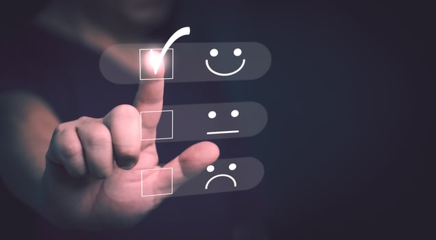 Customer service and Satisfaction concept, Business people touching the virtual screen on the happy Smile face icon to give satisfaction in service, rating very impressed. photo
