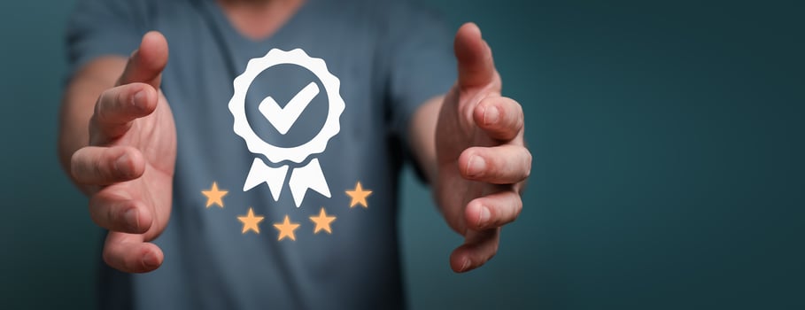 Businessman holding sign of the top service Quality assurance, Satisfaction Guarantee, Standards, ISO certification and standardization concept. photo