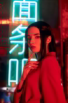 Anime woman in a red suit with short hair cut, black hair. The killer girl in the red jacket. Beauty portrait photo
