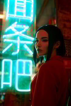 Anime woman in a red suit with short hair cut, black hair. The killer girl in the red jacket. Beauty portrait photo
