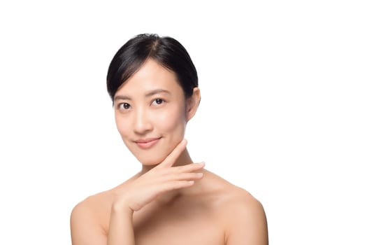 Portrait of beautiful young asian woman clean fresh bare skin concept. Asian girl beauty face skincare and health wellness, Facial treatment, Perfect skin, Natural make up on white background photo