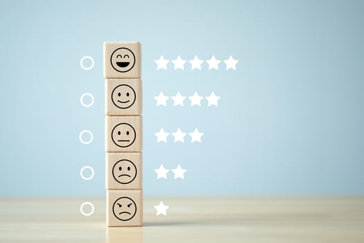 Business or customer service rating experience and feedback emotion and satisfaction and mental health survey concept. Wood cube with star and negative, neutral and positive facial expressions. photo