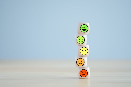 Feedback rating and positive customer review, mental health assessment, child wellness, world mental health day, think positive and satisfaction survey concept. Happy,  Normal and Sad emotion. photo