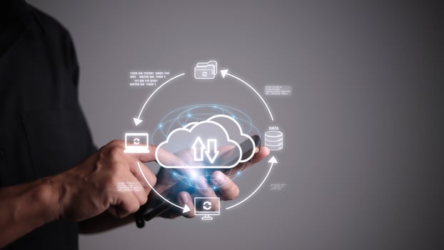 Hand holding virtual cloud computing with world and technology item such as upload download. Cloud technology management big data include business strategy , customer. photo