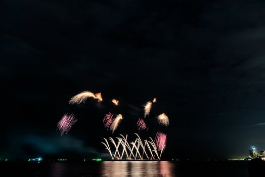 fireworks celebration over sea in pattaya beach photo