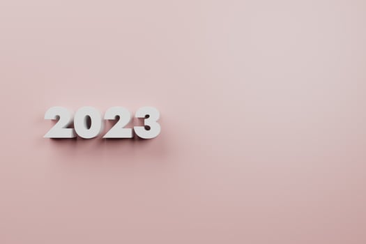 Extruded white numbers 2023 new year on pink wall background 3d render. photo