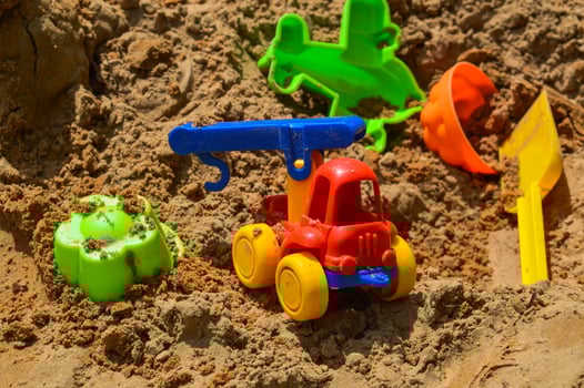 Children's sandbox on the playground for games with toys for children by truck, car, excavator, sand dressers with a spatula photo
